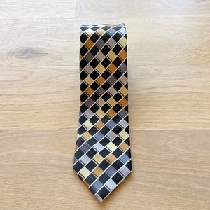 ALEXANDER JULIAN COLOURS Men's Black/Gold Check Handmade Polyester Necktie sz OS